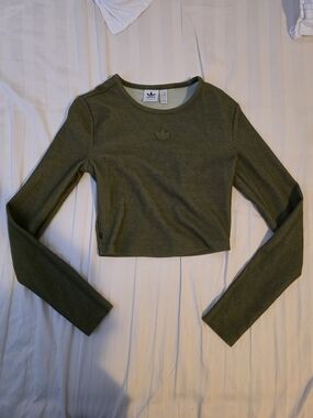 adidas Olive Ribbed Cropped Top with Trefoil Patch